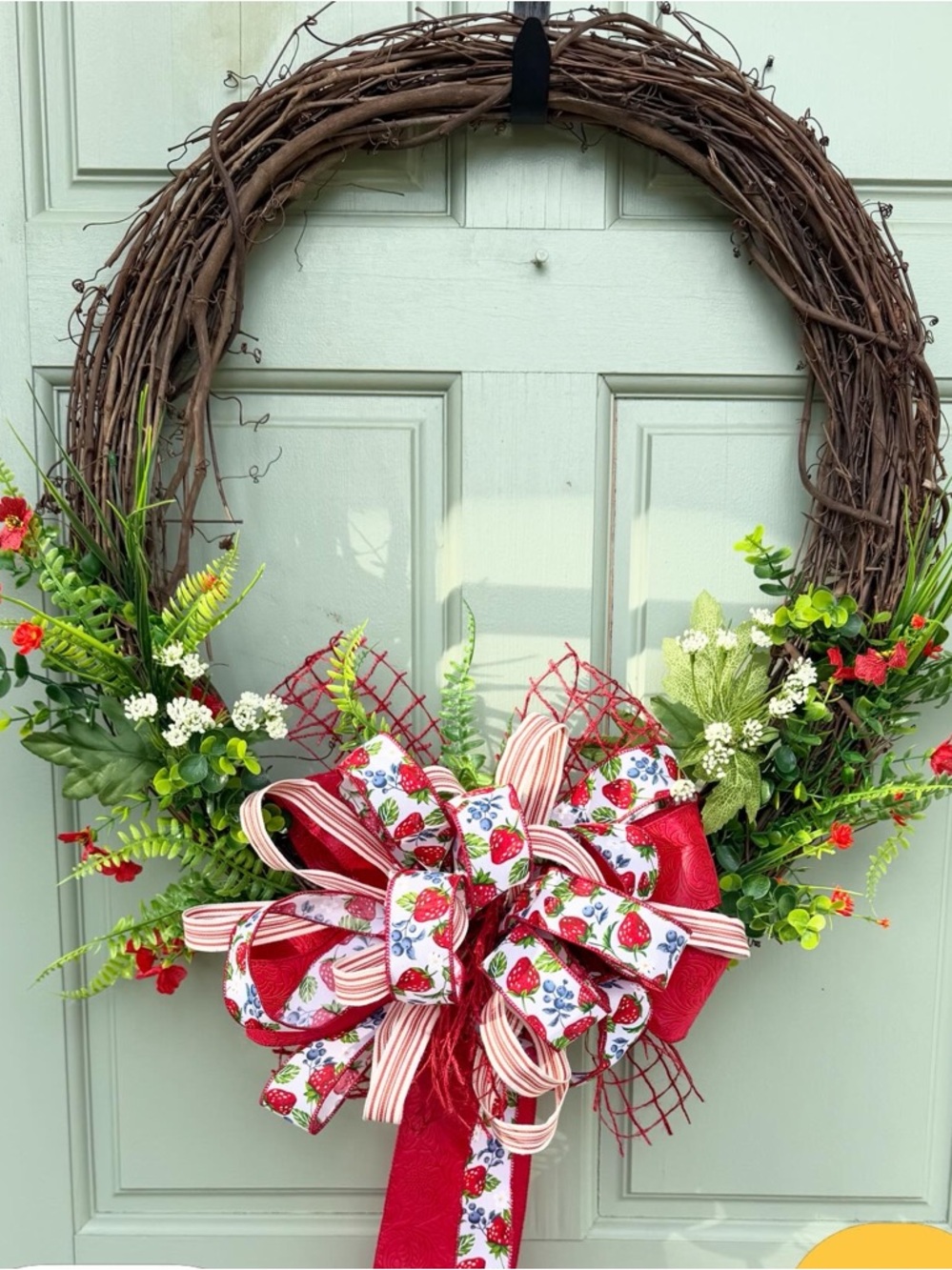 Straw Grapevine Wreath with Red Strawberry Ribbon
